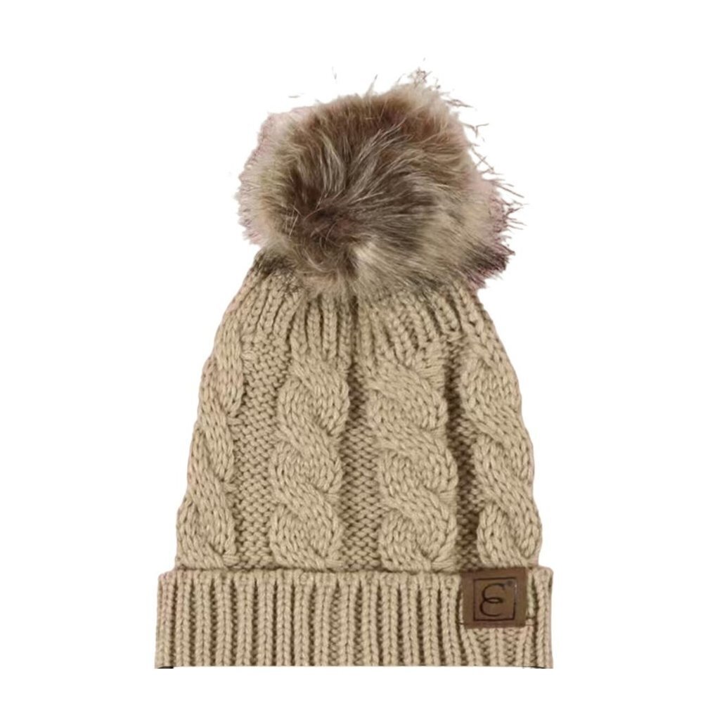 CC Women Oversized Single Pom Knit Beanie Khaki skuo